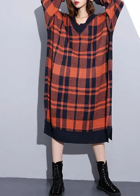 100% side open Cotton v neck dresses Shape red plaid Dresses