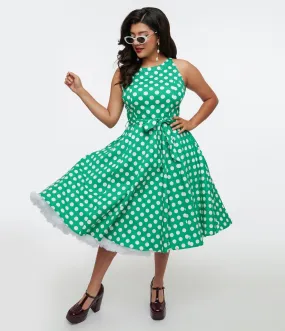 1950s Green & White Polka Dot Tie Swing Dress