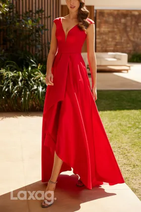 23041 - A-Line V-Neck High Low Sleek Satin Cocktail Party Formal Evening Dress