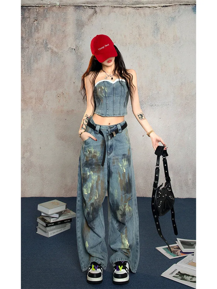 【24s Aug.】Denim Bustier Graffiti Pants Set