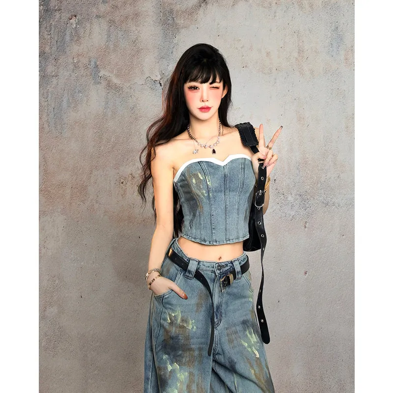 【24s Aug.】Denim Bustier Graffiti Pants Set