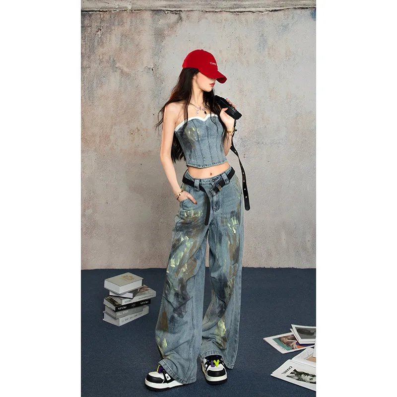 【24s Aug.】Denim Bustier Graffiti Pants Set