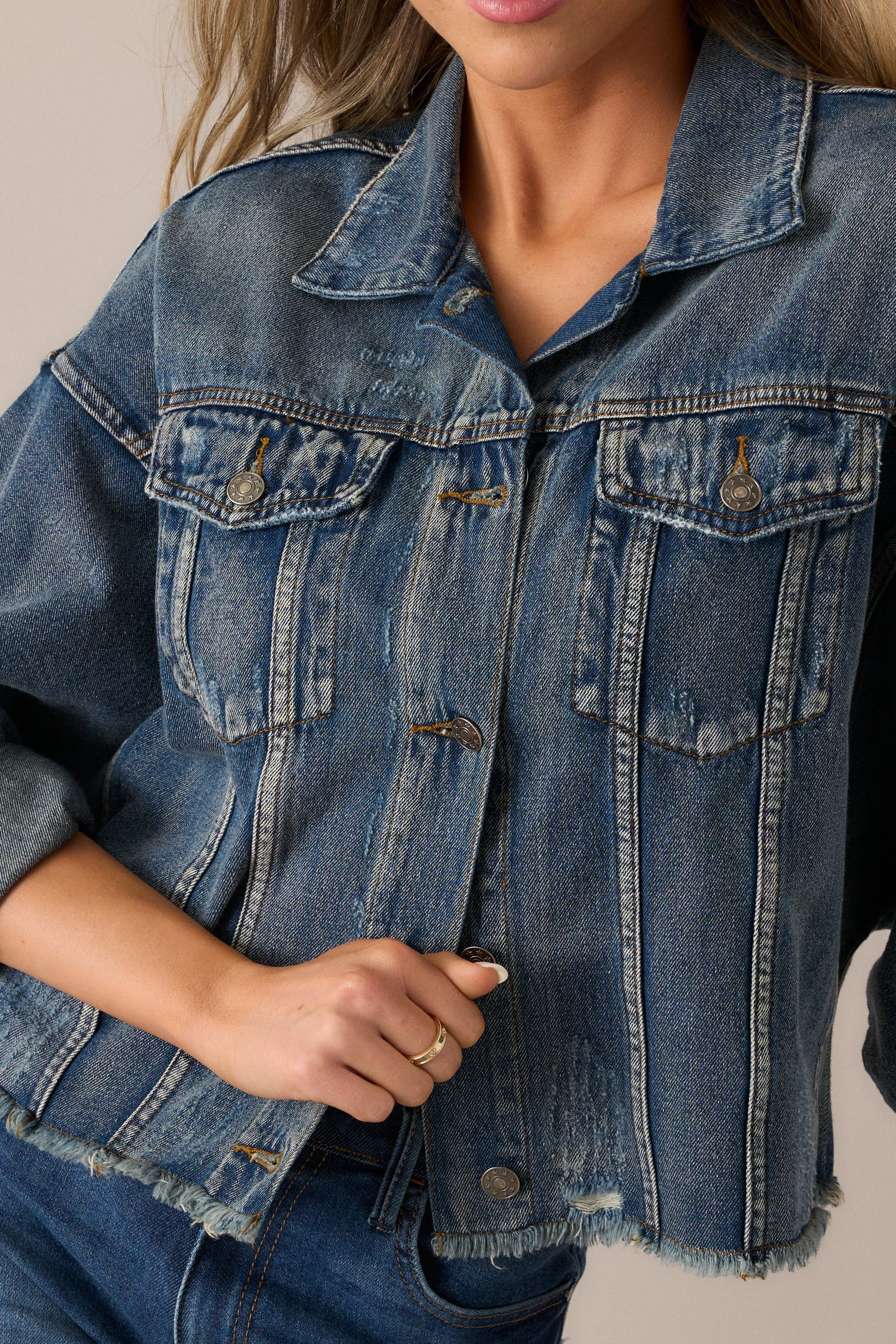 All The Buzz Distressed Dark Wash Denim Jacket