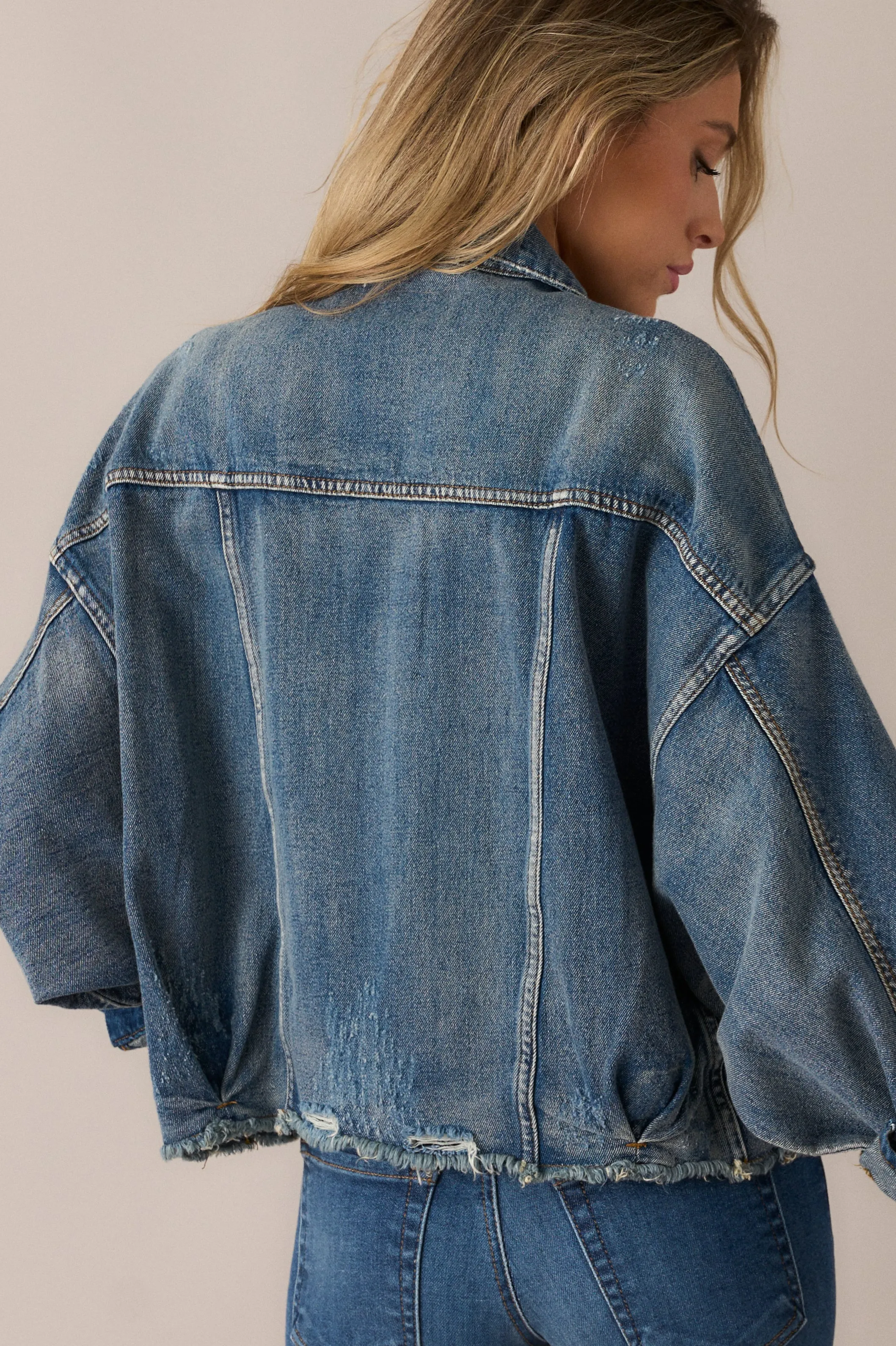 All The Buzz Distressed Dark Wash Denim Jacket