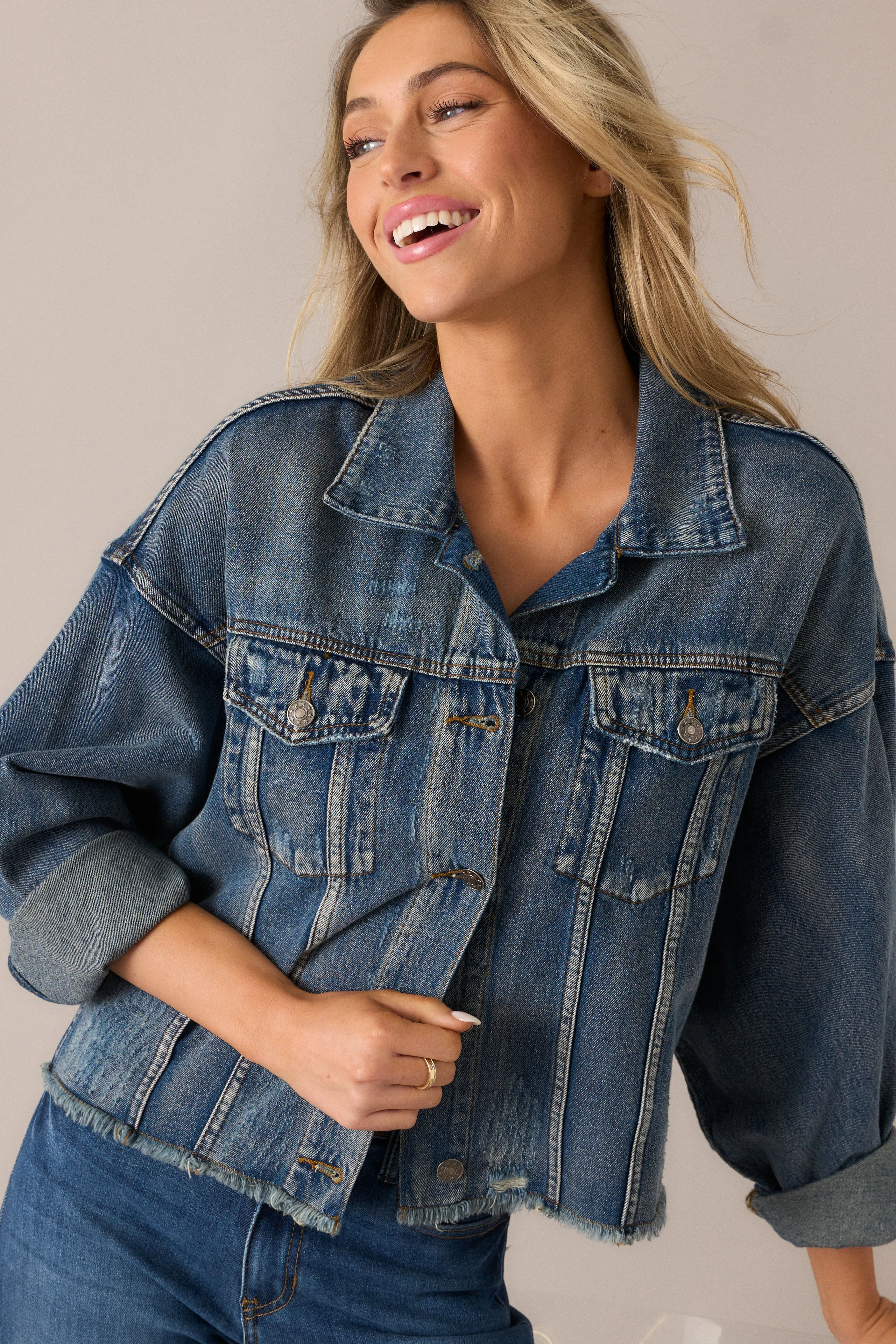 All The Buzz Distressed Dark Wash Denim Jacket