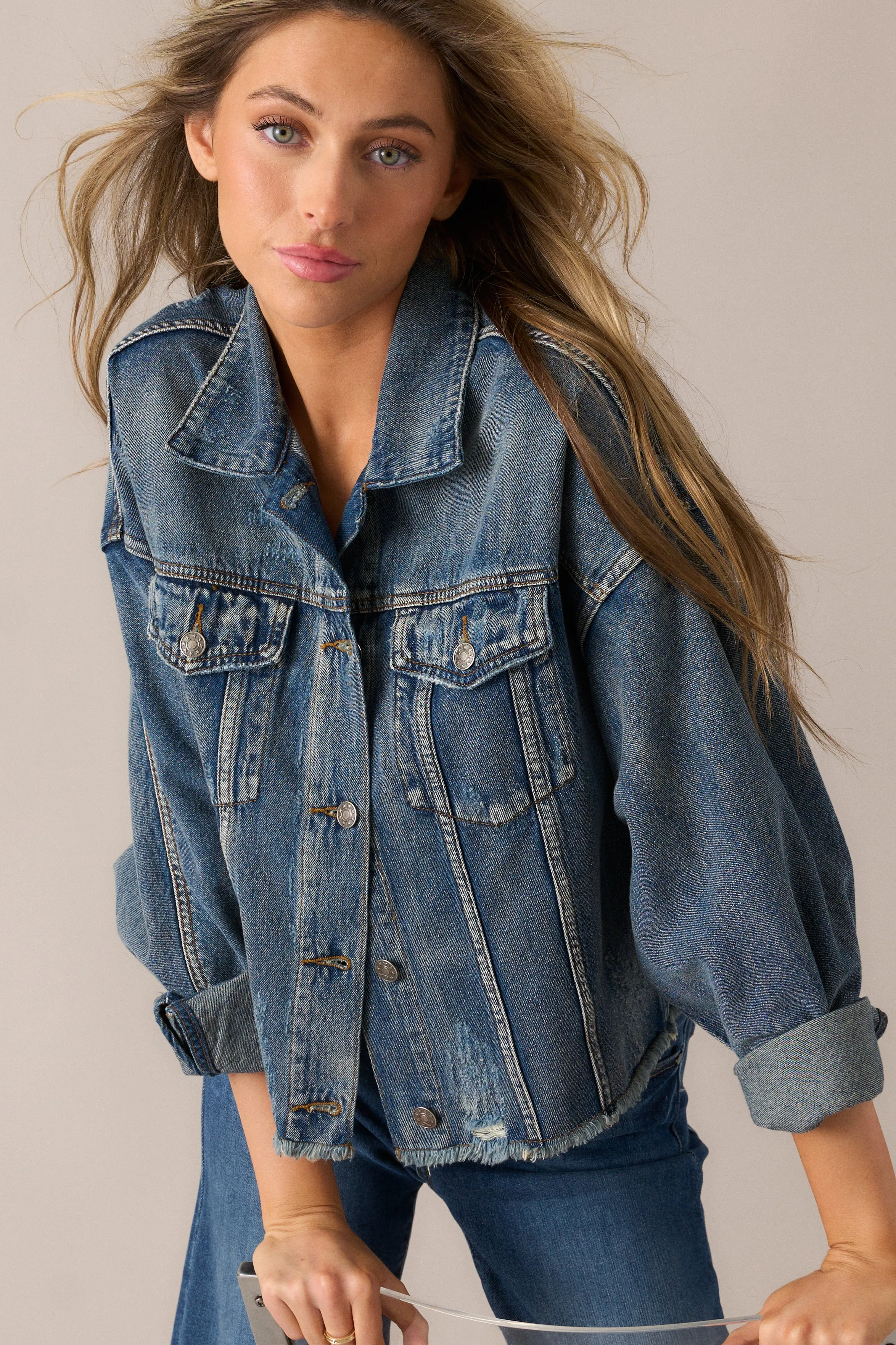 All The Buzz Distressed Dark Wash Denim Jacket