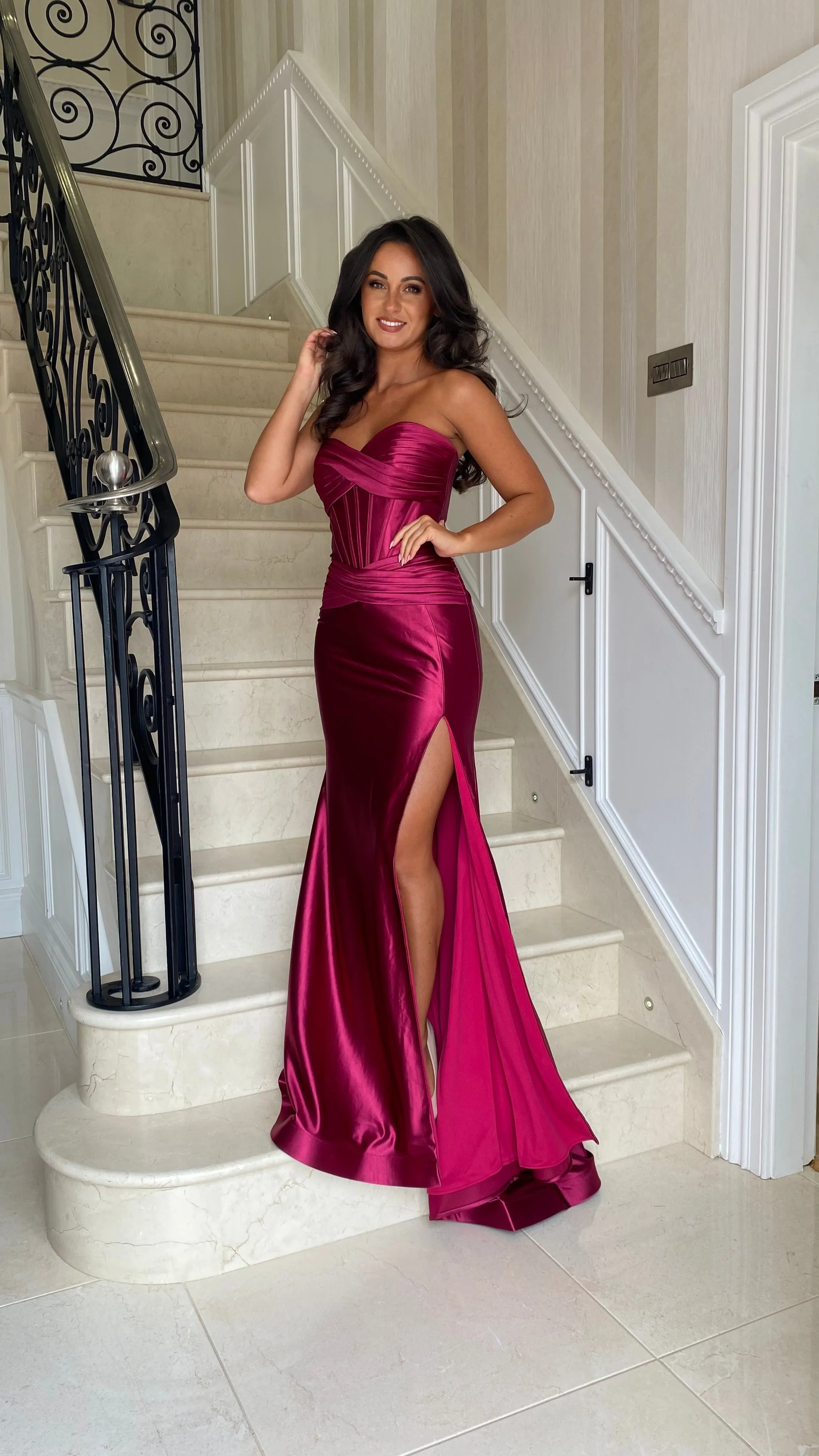 Berry Strapless Sweetheart Satin Gown