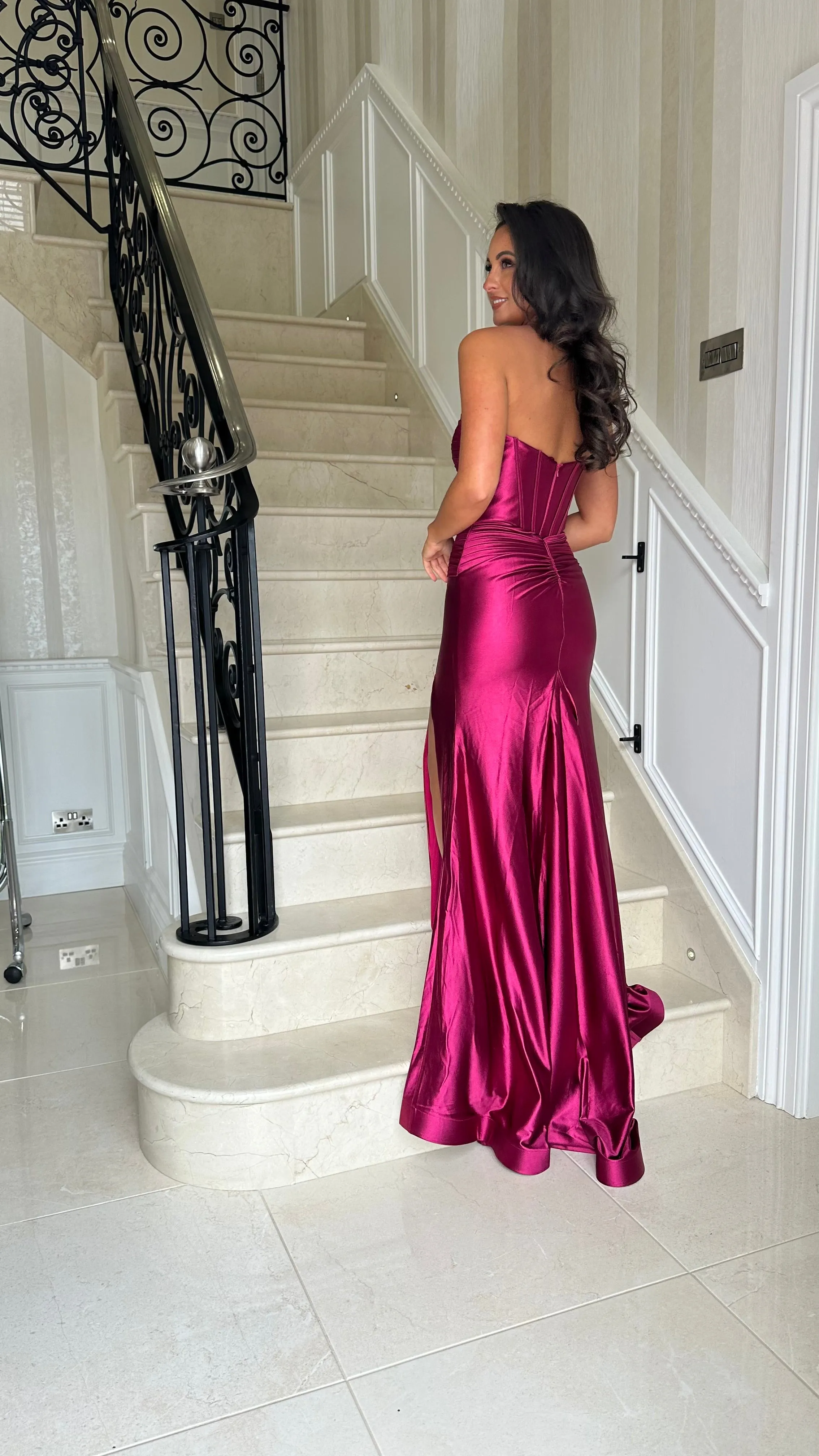 Berry Strapless Sweetheart Satin Gown