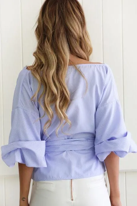 Big V-neck Lantern Sleeve Bow-knot Blouse