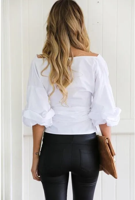 Big V-neck Lantern Sleeve Bow-knot Blouse