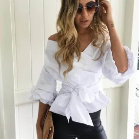 Big V-neck Lantern Sleeve Bow-knot Blouse