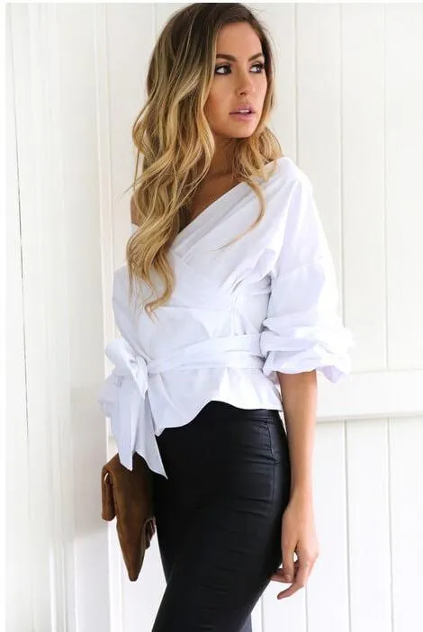 Big V-neck Lantern Sleeve Bow-knot Blouse