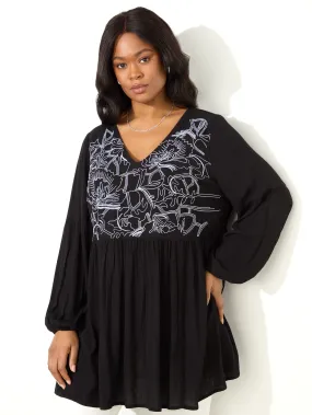 Black Embroidered Viscose Crinkle Tunic