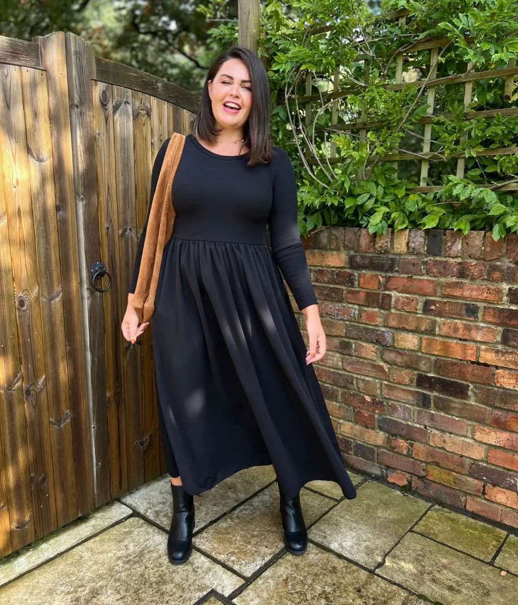 Black Knitted Bodice Midi Dress