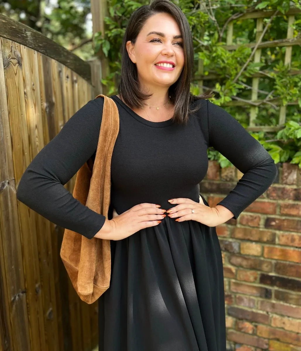 Black Knitted Bodice Midi Dress