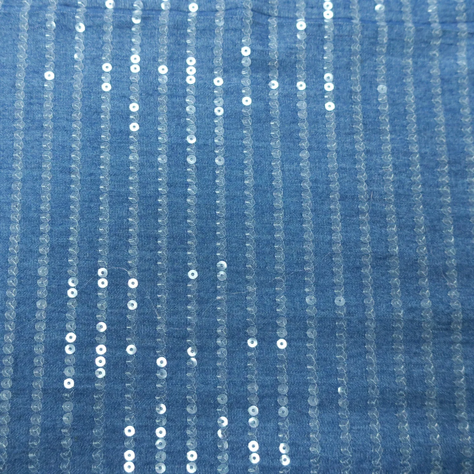 Blue with Stripes of Sequins Cotton Denim Fabric