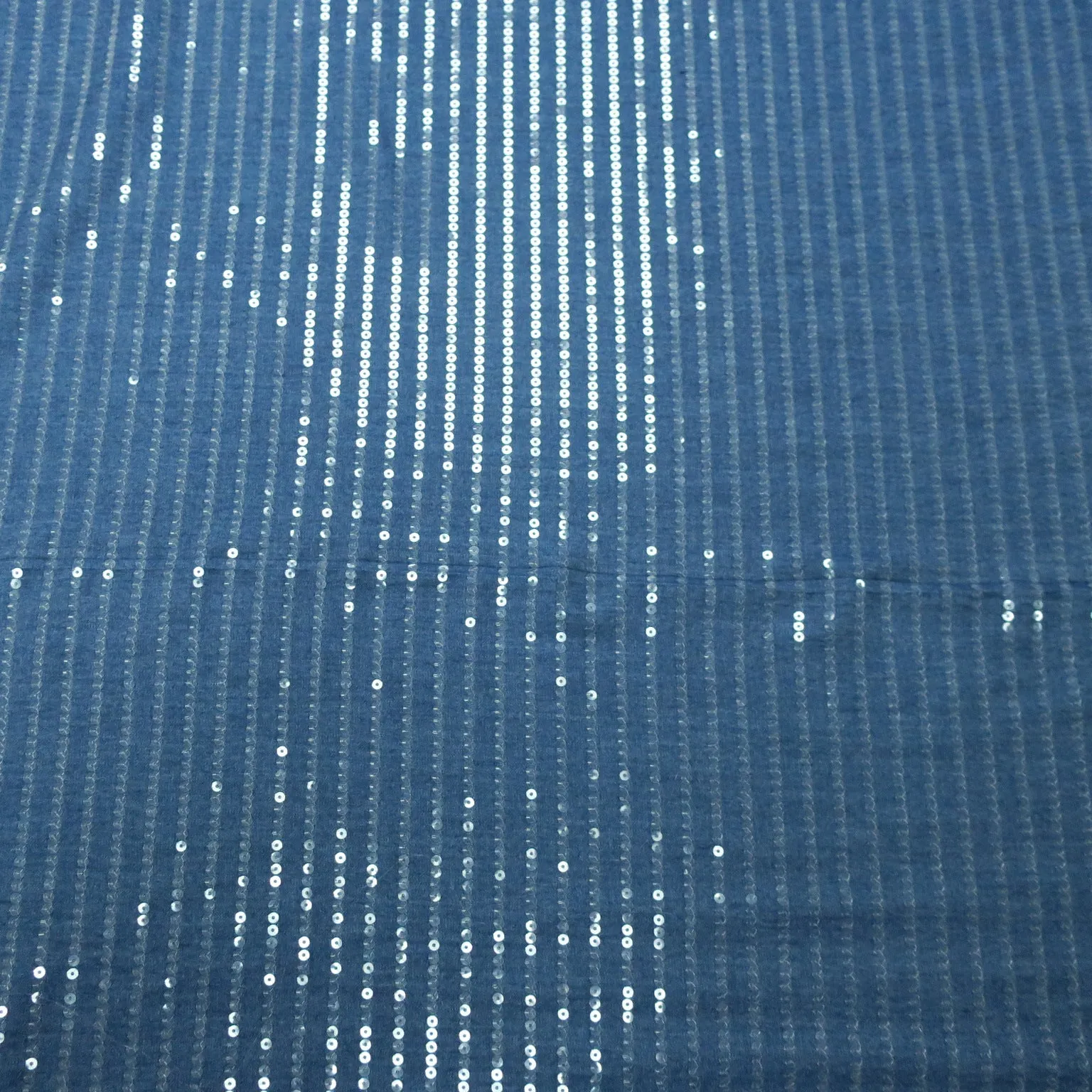 Blue with Stripes of Sequins Cotton Denim Fabric