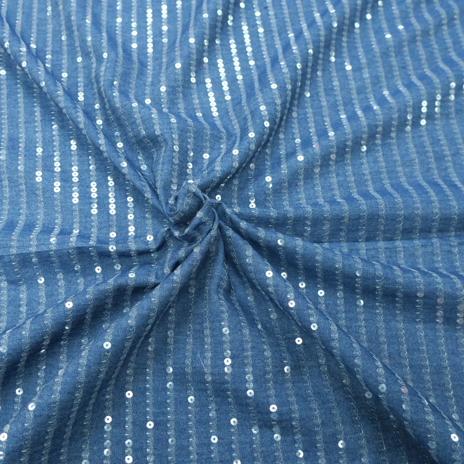 Blue with Stripes of Sequins Cotton Denim Fabric