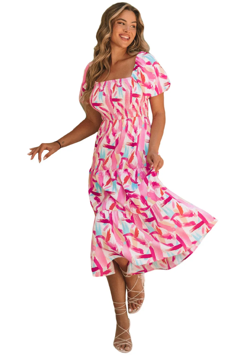 Brush Stroke Smocked Ruffle Tiered Dress