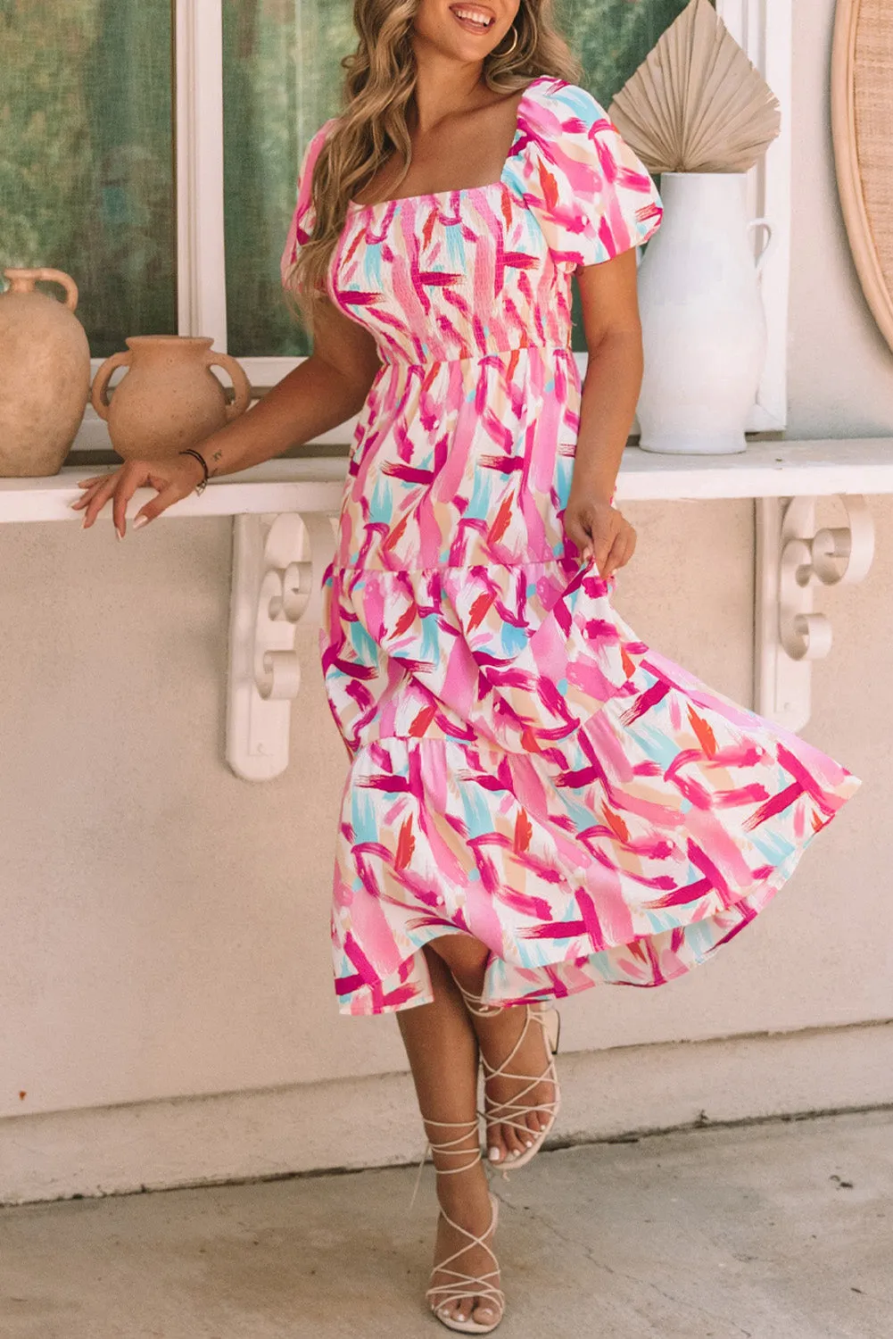 Brush Stroke Smocked Ruffle Tiered Dress