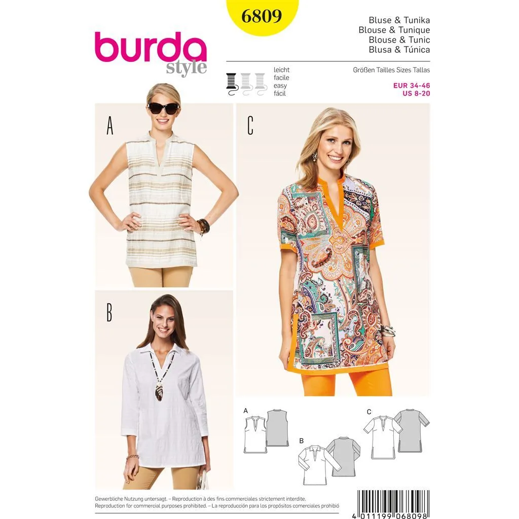 Burda B6809 Tops, Shirts, Blouses Sewing Pattern