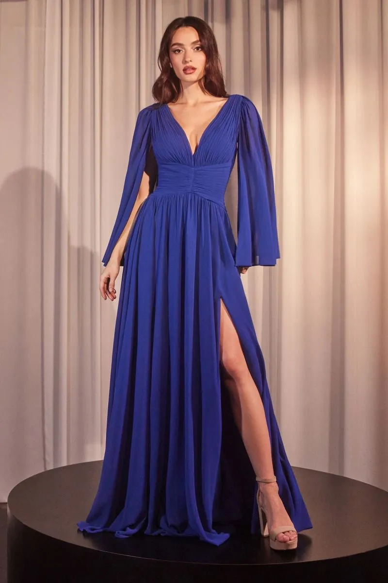 Chiffon A-Line Caplet Side Slit V-Neck Long Mother Of The Bride Dress CDCH028