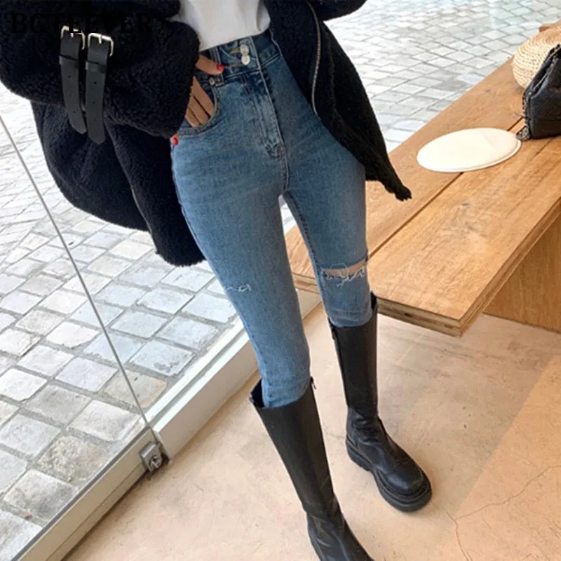 Christmas Gift Joskaa Fashion Chic Double Button Women Pencil Denim Jeans High Waist Skinny Ripped Holes Female Jeans Pants 2024 Spring