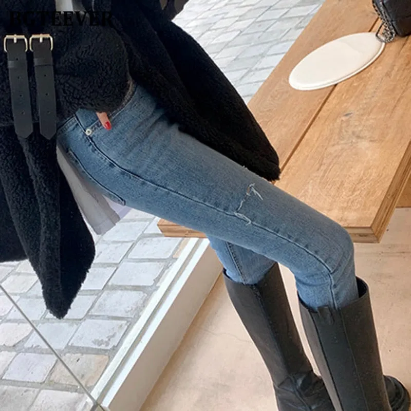 Christmas Gift Joskaa Fashion Chic Double Button Women Pencil Denim Jeans High Waist Skinny Ripped Holes Female Jeans Pants 2024 Spring