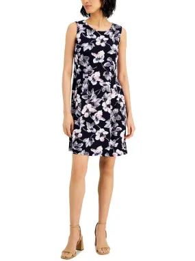 Connected Apparel Scoop Neck Sleeveless Zipper Back Floral Print Fit & Flare Jersey Dress with Pockets