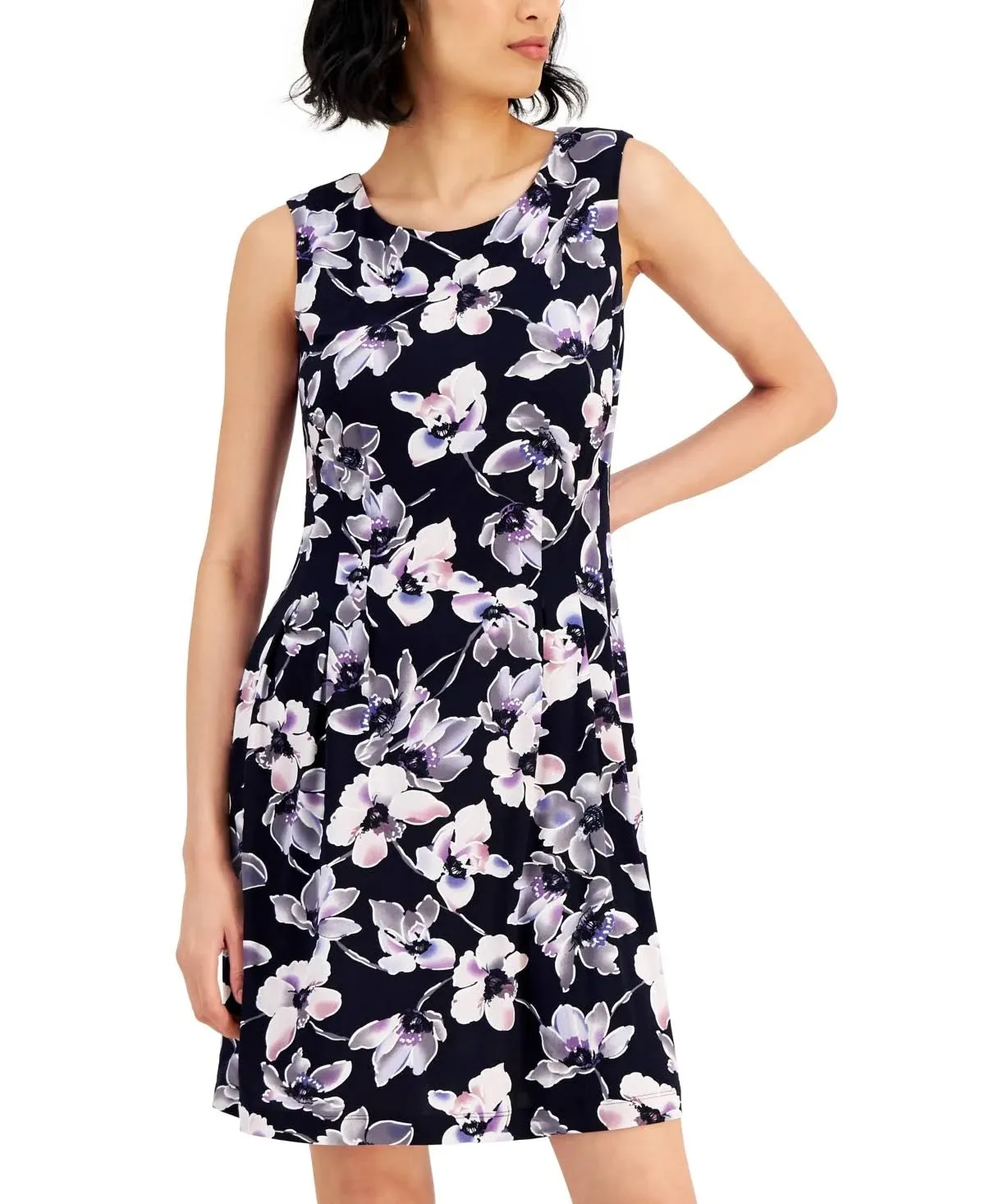 Connected Apparel Scoop Neck Sleeveless Zipper Back Floral Print Fit & Flare Jersey Dress with Pockets