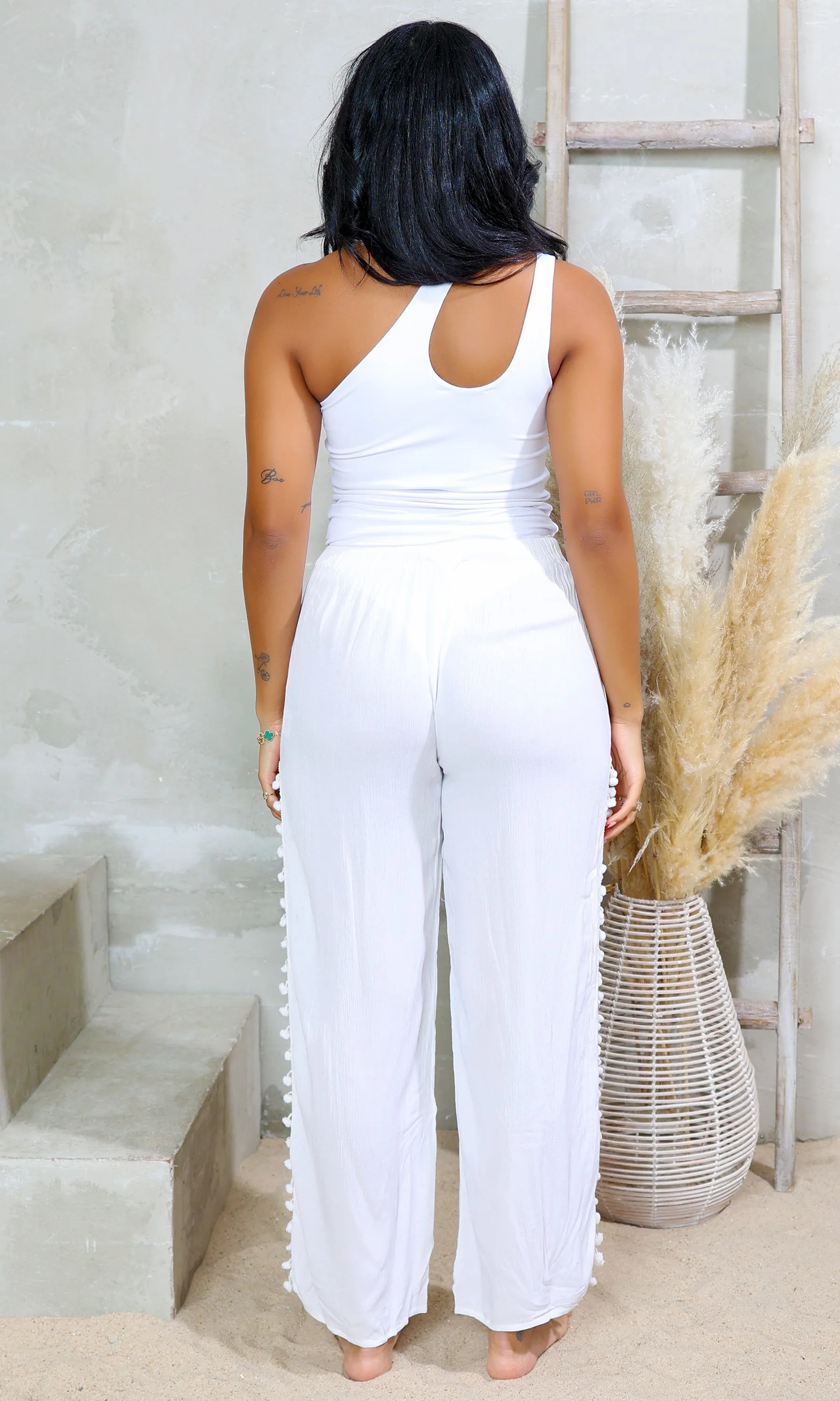 Cotton Breeze | Long Slit Draw String  Pants - White  FINAL SALE