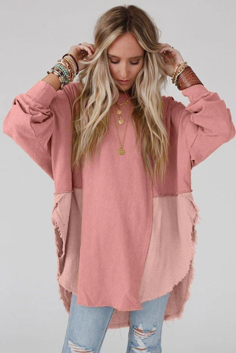 Crinkle Splicing Fringe Oversized Blouse