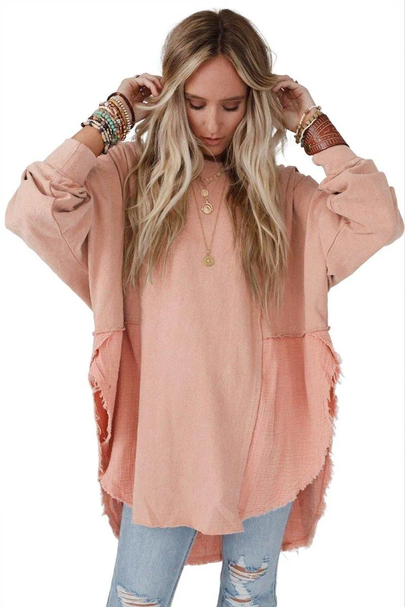 Crinkle Splicing Fringe Oversized Blouse