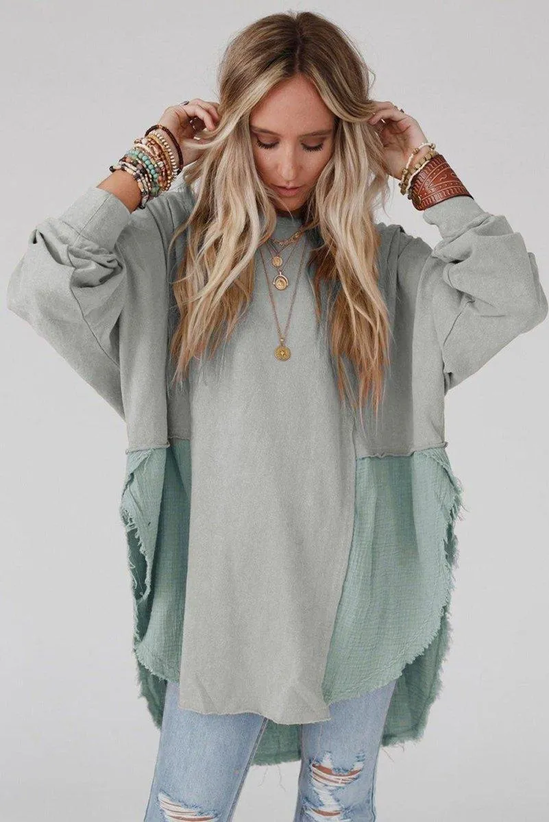 Crinkle Splicing Fringe Oversized Blouse