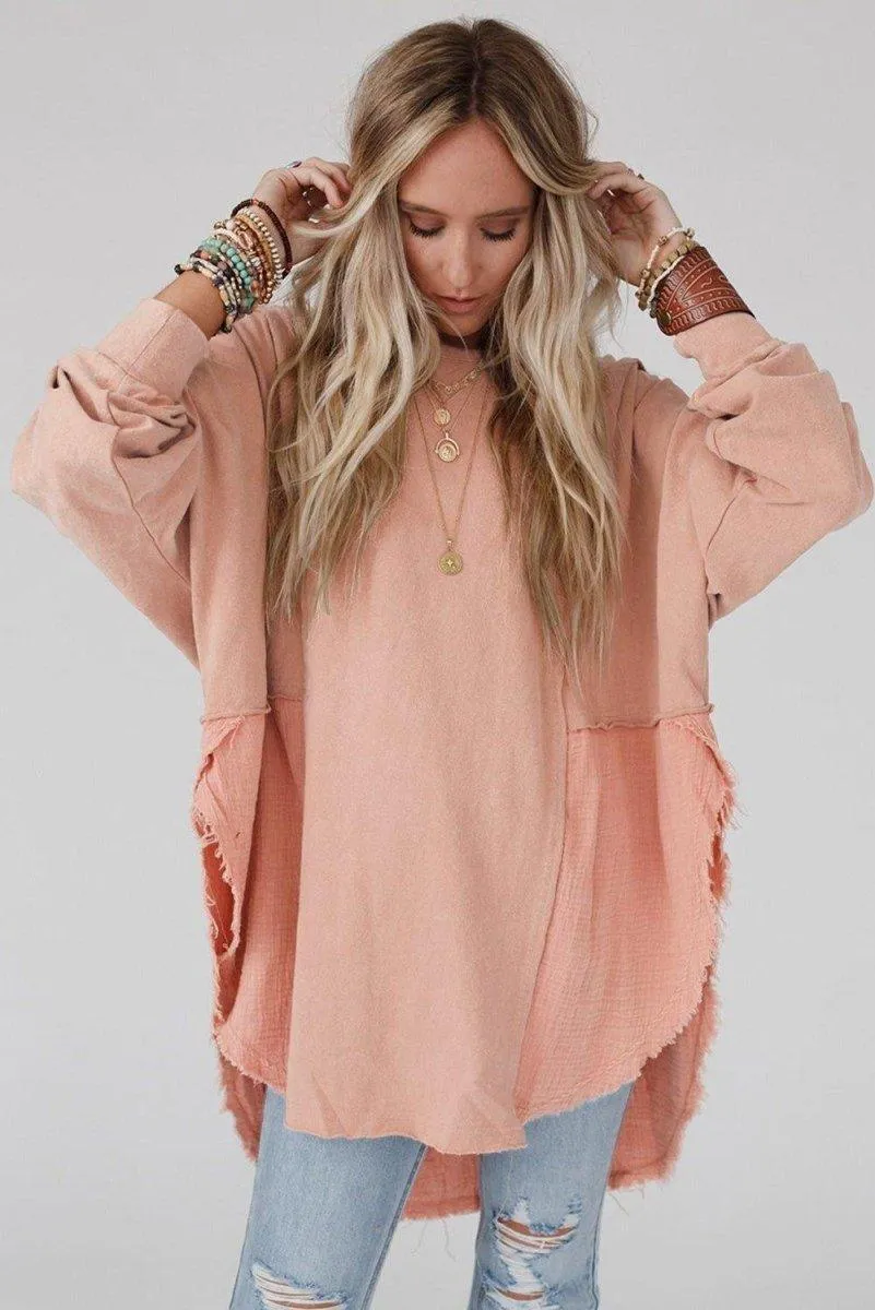 Crinkle Splicing Fringe Oversized Blouse