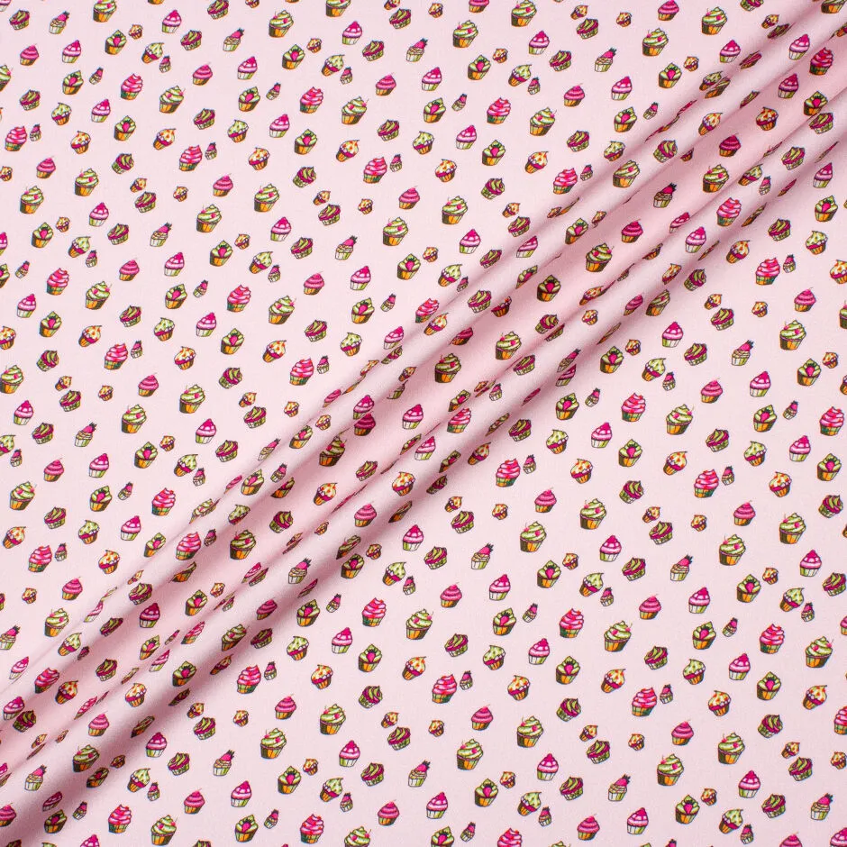 Cupcake Printed Baby Pink Stretch Silk Satin