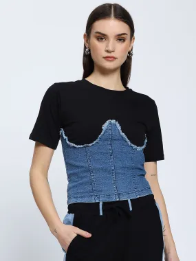 Denim Corset Attached Top - Black