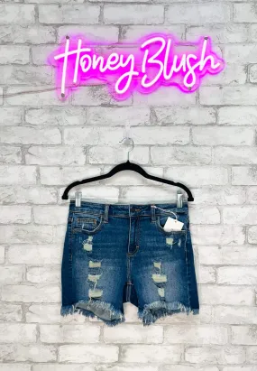 Denim Shorts with Uneven Fray Hem