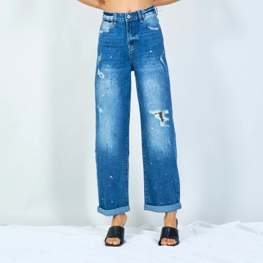 Distressed wide-leg jeans with pearl embellishments wholesale