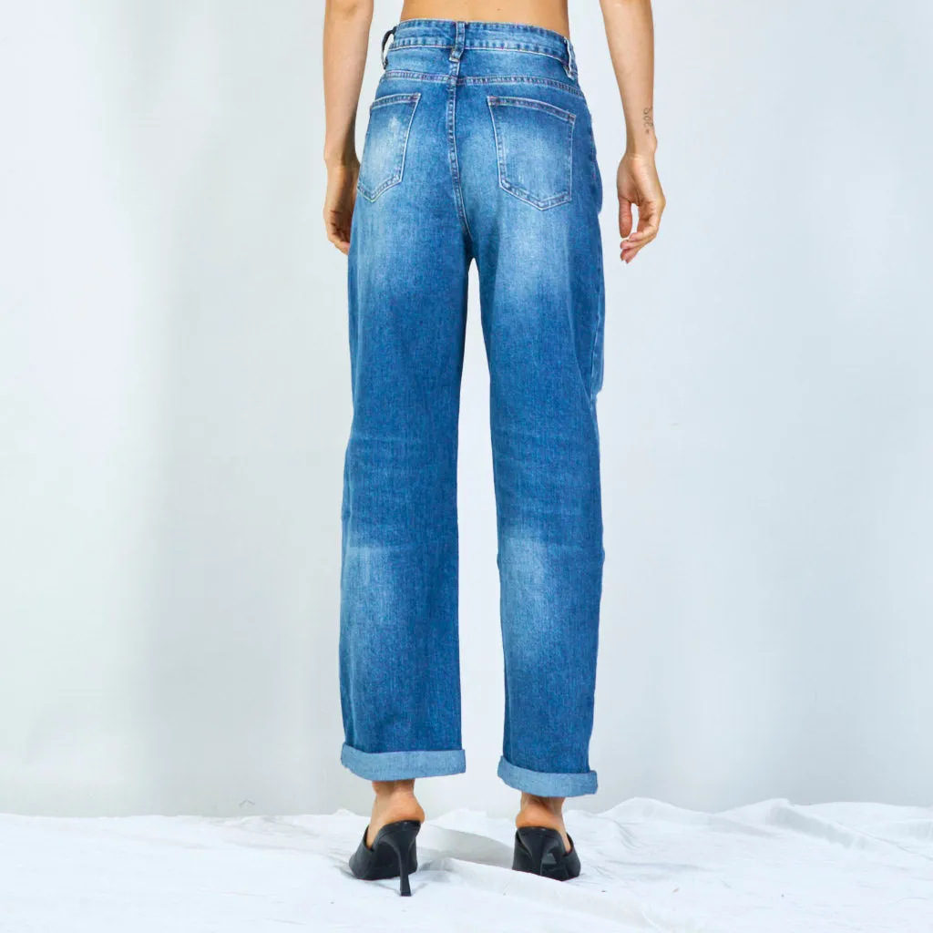 Distressed wide-leg jeans with pearl embellishments wholesale