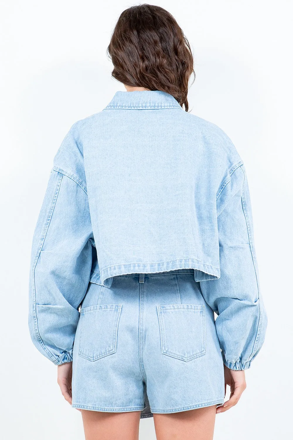 Drawstring  Crop Denim Jacket