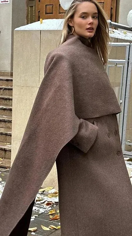 European Style Single-Breasted Wool Coat with Scarf Accent