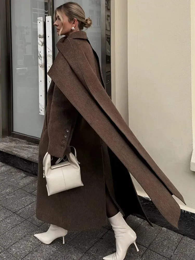 European Style Single-Breasted Wool Coat with Scarf Accent