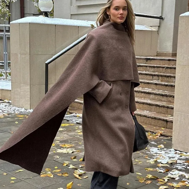 European Style Single-Breasted Wool Coat with Scarf Accent