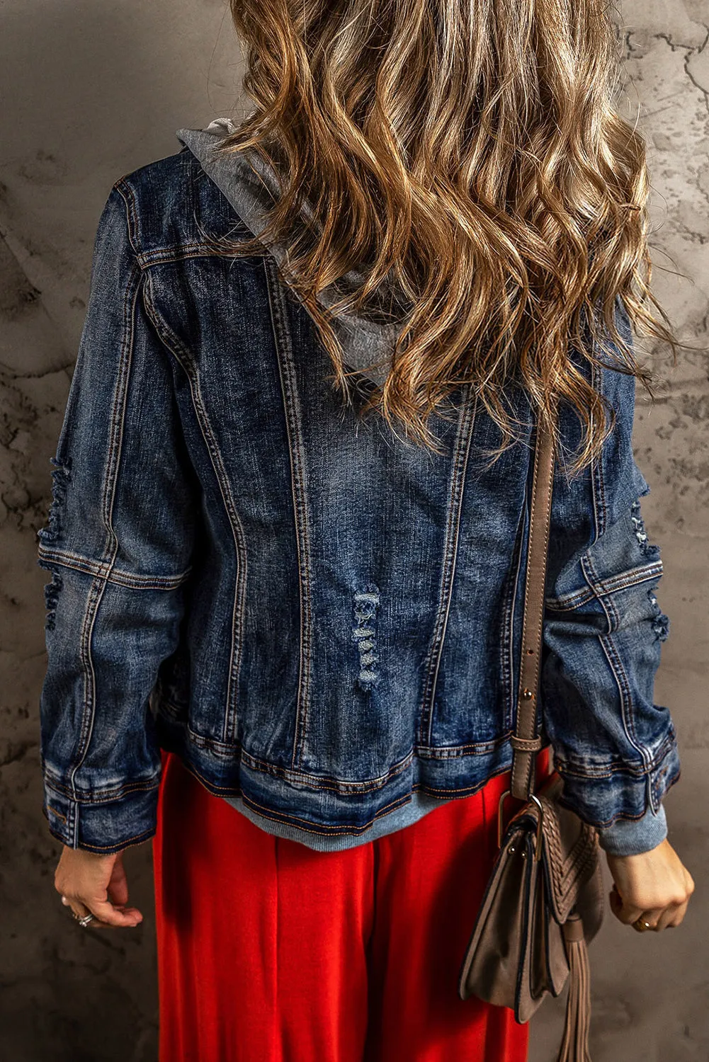 Fake Two-Piece Hooded Zip-Up Denim Jacket