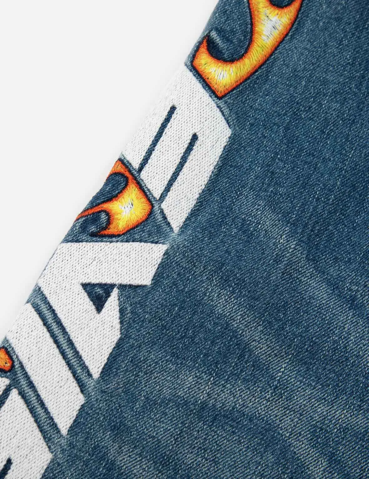 Flame Logo Embroidery Half & Half Denim Jacket