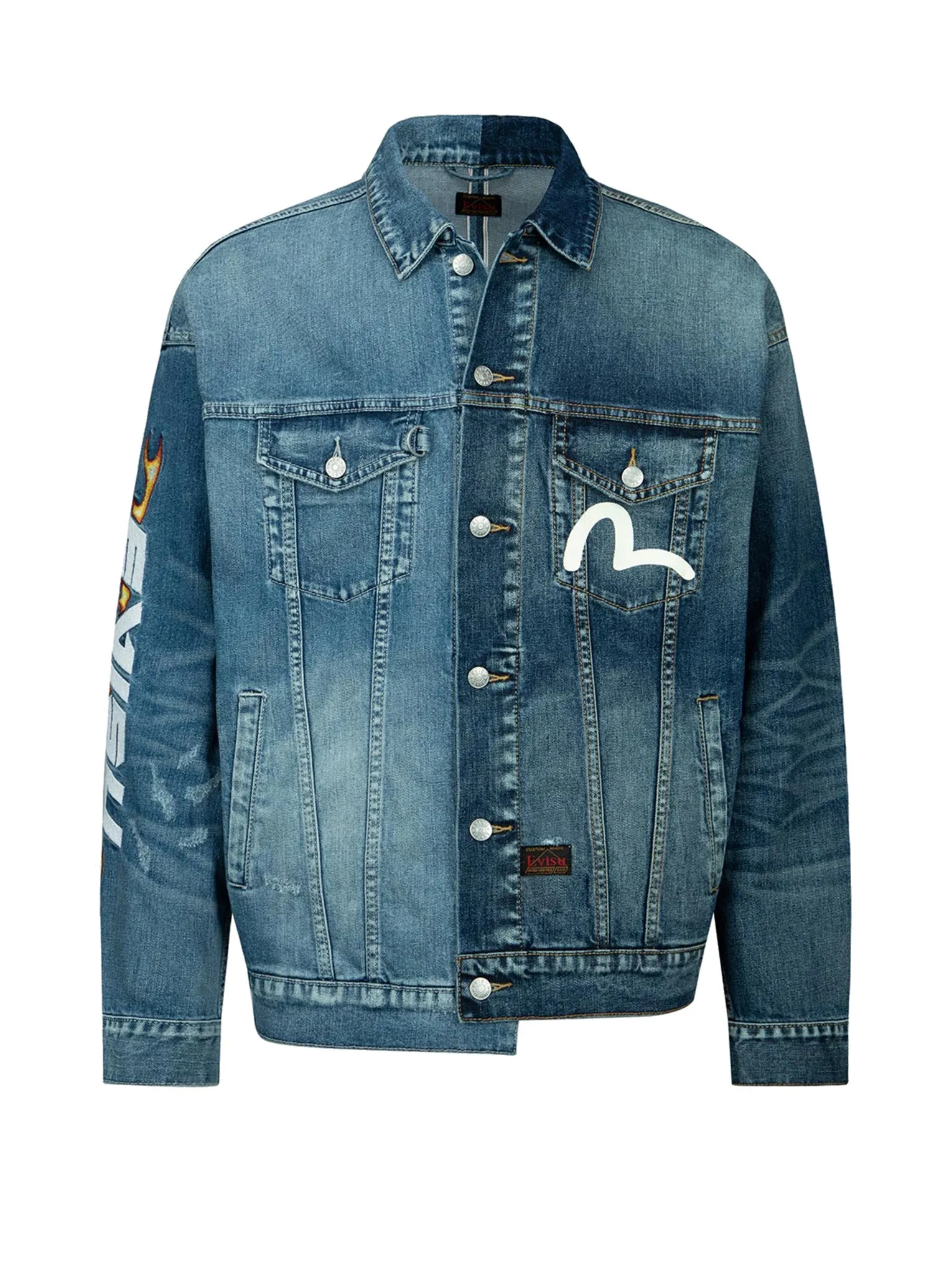 Flame Logo Embroidery Half & Half Denim Jacket