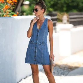 Flap Pocket V-Neck Collar Front Button Up T-Back Shape Denim Dress