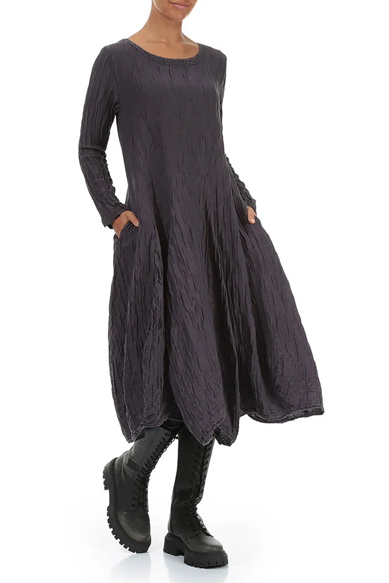 Flared Crinkled Vintage Violet Silk Linen Dress