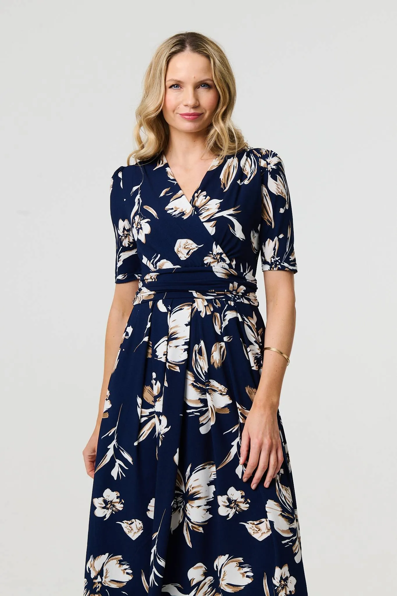 Floral 1/2 Sleeve V-Neck Midi Wrap Dress